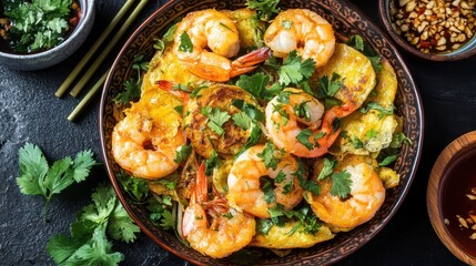 Delicious Shrimp Omelette Garnished with Fresh Herbs and Spices