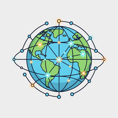 Globe illustration with interconnected lines and dots on a light gray background.