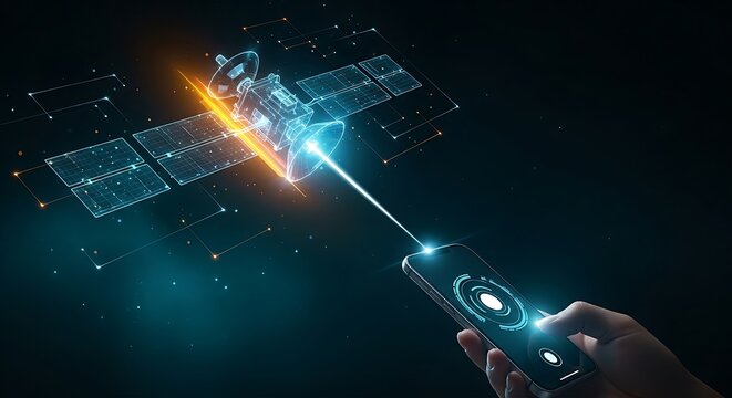 QFS satellite connection. A holographic satellite sends a single beam of light to a smartphone, symbolizing a global and independent network.