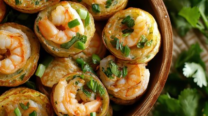 Delicious Shrimp Pancakes with Fresh Herbs in a Wooden Bowl