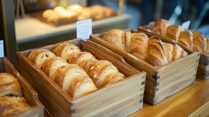 Fresh and Delicious Bakery Display of Croissants and Pastries