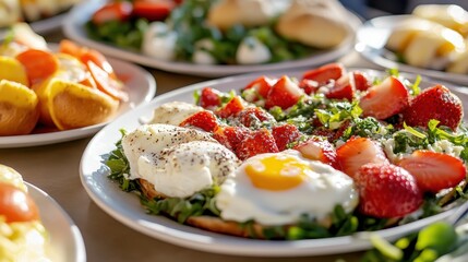 Fresh Salad with Poached Eggs and Strawberries for Breakfast Brunch