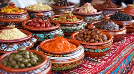 Fototapeta premium Colorful Display of Spices and Condiments in Traditional Bowls