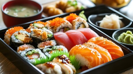 Colorful sushi platter with assorted rolls and sides for dining experience