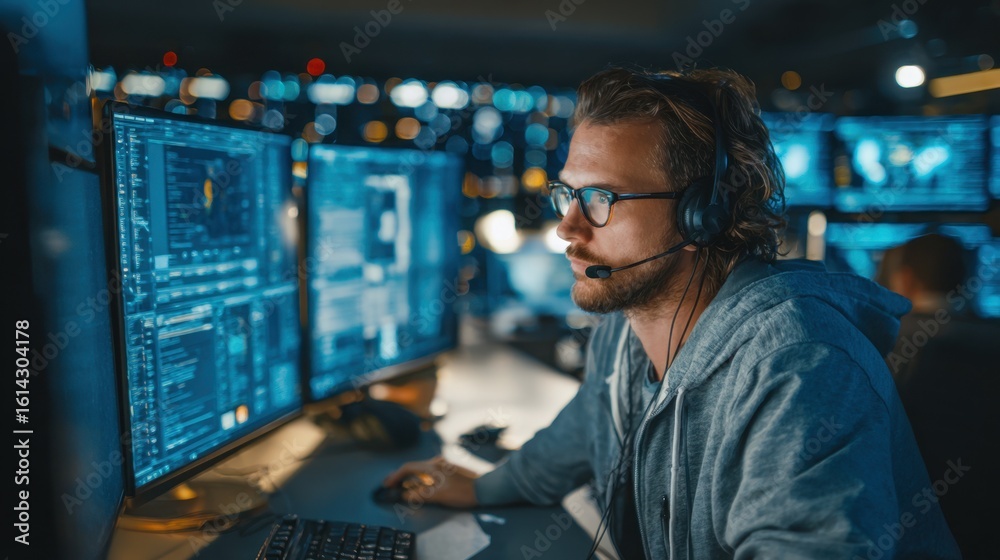 Poster focused information security analyst detects and assesses potential cyber threats using advanced sof