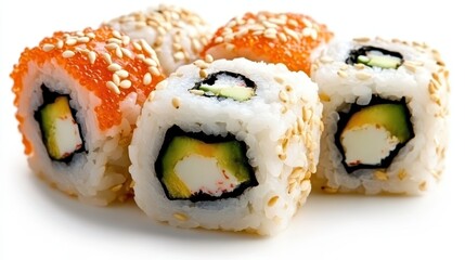Colorful Sushi Rolls with Avocado and Crab on a White Background