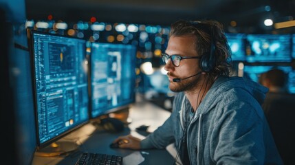 Focused information security analyst detects and assesses potential cyber threats using advanced software tools in a collaborative security operations center environment.