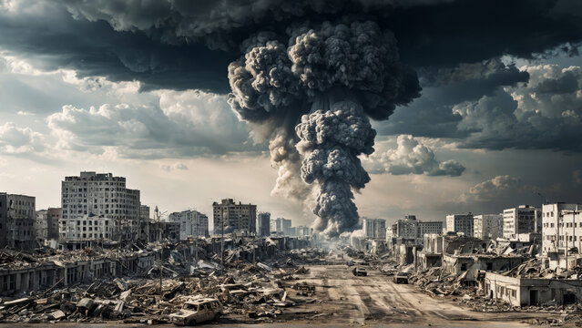 War destruction with dark smoke explosion in ruined city. Apocalyptic cityscape with destroyed buildings, dark explosion cloud, stormy sky. Devastation, urban destruction, chaos, desolation.