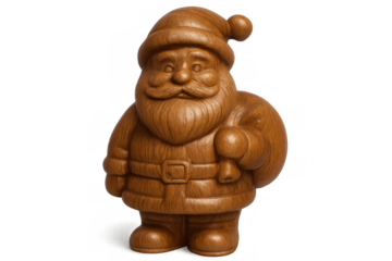 Wooden santa claus figurine rendering, carrying gift sack, isolated on transparent background with festive holiday mood