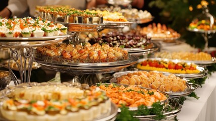 Fototapeta premium Elegant Buffet Display with Assorted Dishes and Beautiful Presentation