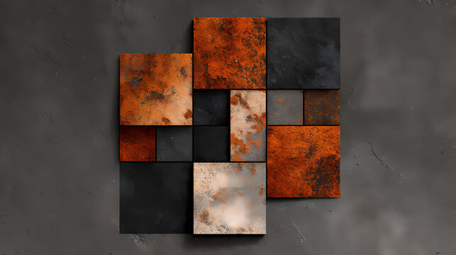 Rust square over structured slate layout
