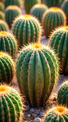 Field of Golden Barrel Cacti displaying symmetrical beauty and intricate details