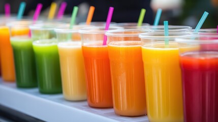 Fototapeta premium Colorful Fresh Juices in Transparent Cups with Straws on Display