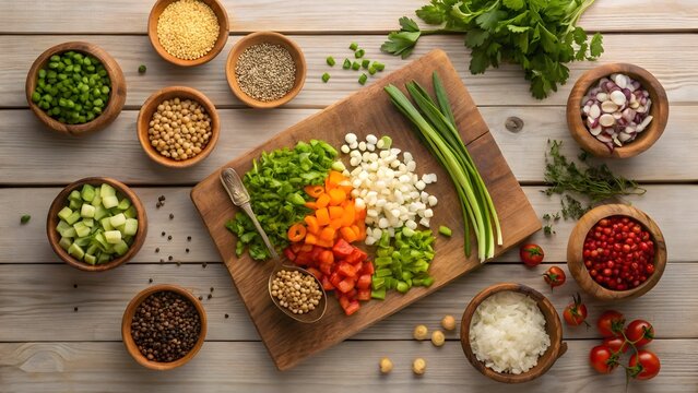 Rustic Kitchen Prep with Colorful Vegetables, Herbs, and Whole Grains &ndash; Organic Vegan Food Flat Lay