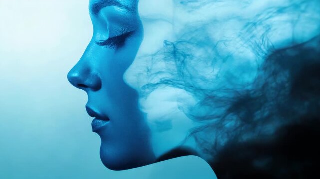 Profile of woman's face dissolving into smoke in surreal blue scene
