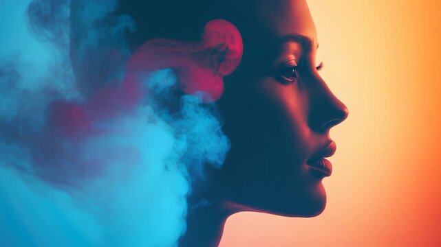 Artistic profile of woman blending into colorful smoke