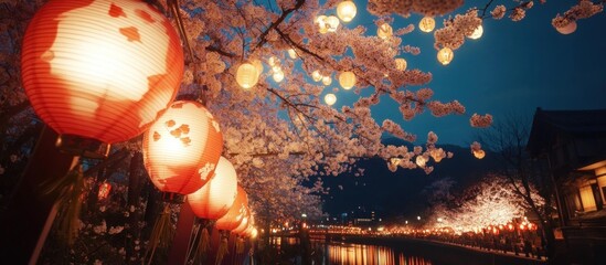 Obraz premium Enchanting night scenery of cherry blossoms and lanterns illuminating the riverbanks in Gion Kyoto