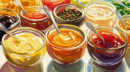 Colorful Variety of Condiments in Glass Bowls with Metal Spoons
