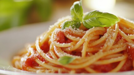 Delicious Spaghetti with Tomato Sauce and Fresh Basil Garnish