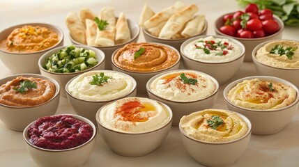 Delicious Assortment of Dips and Spreads on a Colorful Table