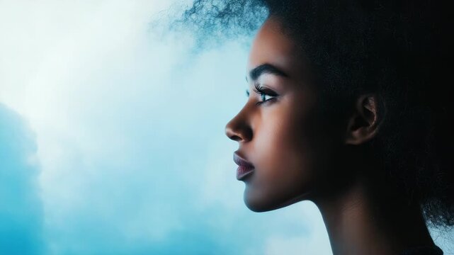 Profile of young Black woman with artistic shadow outline on misty background