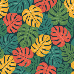 Colorful tropical Monstera leaves create a vibrant, seamless pattern on a dark background.