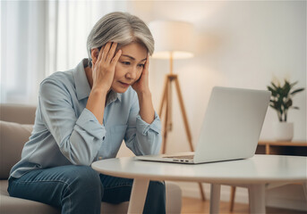 Obraz premium An elderly woman holding her head in confusion over mortgage payments: financial anxiety.