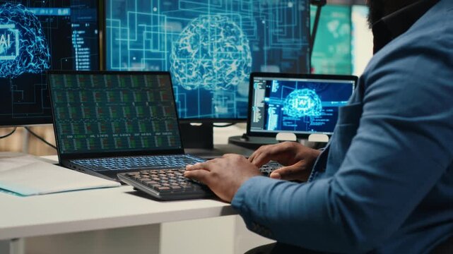 Black man IT expert handles neural networks systems for data forecasting, combining AI automation tools with digitalization to drive multinational company efficiency and innovation. Camera B.