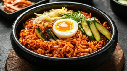 Delicious Spicy Korean Ramen with Vegetables and Soft Egg