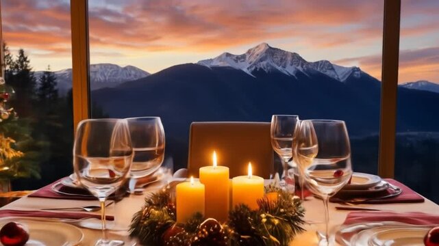 Romantic Christmas Dinner Table with Mountain View at Sunset. 4k video