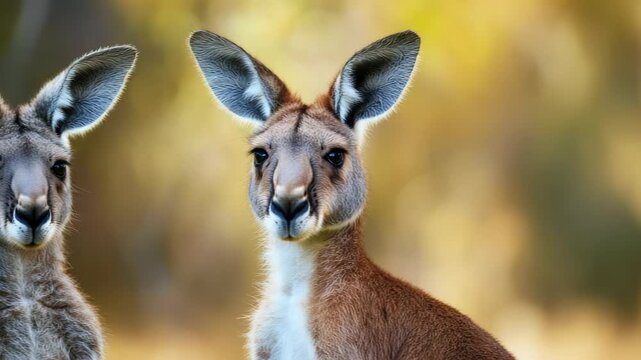Two kangaroos with large ears standing closely together
