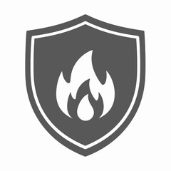 Gray shield icon with white flame inside on a white background.