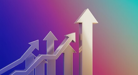 Upward Metallic Arrows Rising on Digital Gradient for Financial Growth Concept