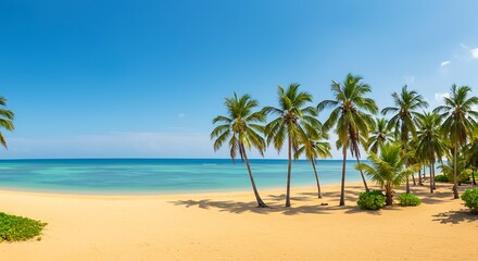 Obraz premium Wide Panorama of Tropical Beach with Turquoise Sea and Coconut Palm Trees