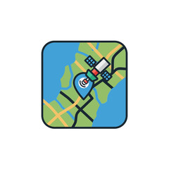 Map icon with satellite and location pin on a blue and green background.