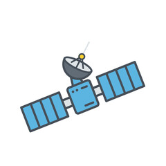 Blue satellite with solar panels and antenna isolated on white background.
