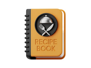 A 3d rendered open recipe book with a silver cloche and crossed fork and knife emblem on the cover isolated on transparent background
