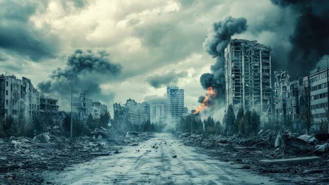 Apocalyptic cityscape with smoke, rubble, and abandoned buildings under cloudy sky