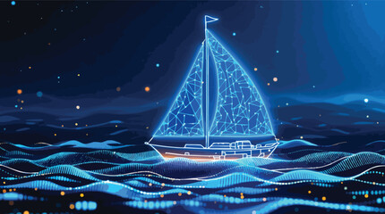 Digital sailboat navigating the technological ocean with bright connections and futuristic design.