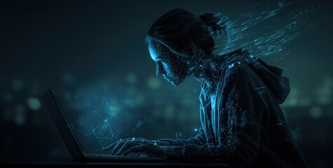 Woman interacting with AI chat interface on laptop in futuristic. High quality