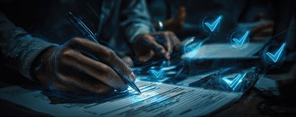 Hands with stylus reviewing documents, digital checkmarks overlay. Blue-toned style, business evaluation concept, approval process. High quality