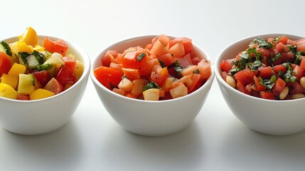 Fresh Colorful Salsa and Salad Variations in White Bowls