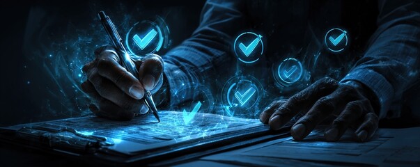 Hands with stylus reviewing documents, digital checkmarks overlay. Blue-toned style, business evaluation concept, approval process. High quality