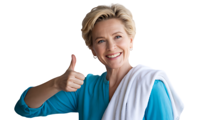 Smiling woman with blonde hair giving a thumbs up and wearing a blue shirt and towel