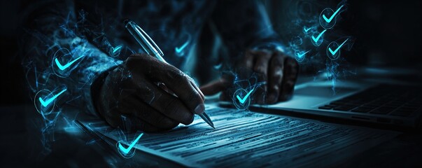 Hands with stylus reviewing documents, digital checkmarks overlay. Blue-toned style, business evaluation concept, approval process. High quality