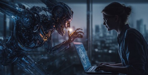 Woman interacting with AI chat interface on laptop in futuristic. High quality