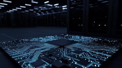 Advanced technology concept: motherboard, circuit board and computer chip in server room, for data and technology. - Powered by Adobe