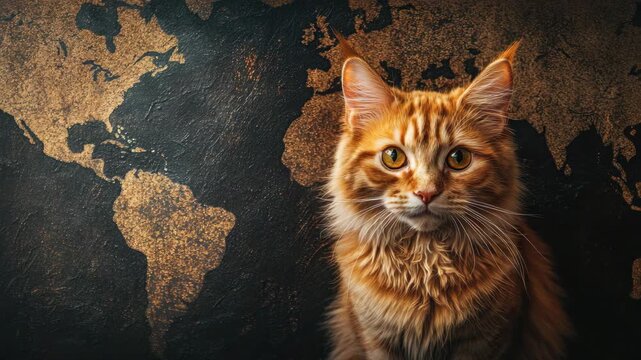 Orange tabby cat against world map background, looks curious