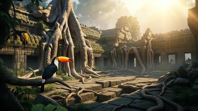 Ancient temple ruins nestled within a lush jungle, adorned with vibrant toucans and ancient trees, bathed in golden light