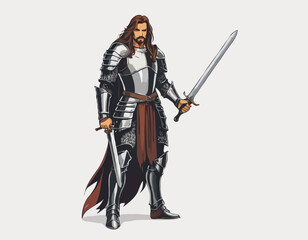 Naklejka premium Fantasy Warrior Character – Medieval Fighter with Sword and Armor